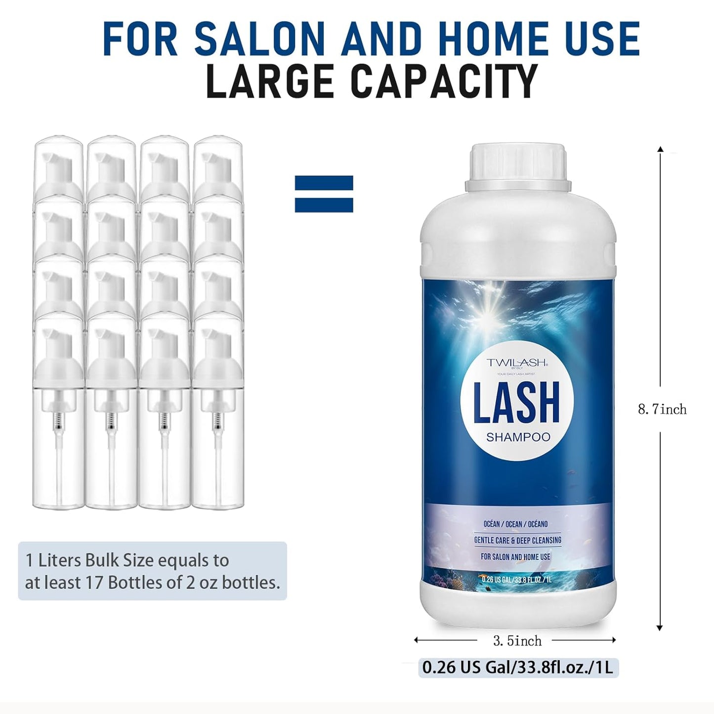 Lash Shampoo Bulk, Eyelash Cleanser for Extensions 1 Liters, Safe Makeup Remover, Non-irritating or Burning Formula Eyelid Foaming Cleanser for Professional Salon and Home Use (Ocean-1L)