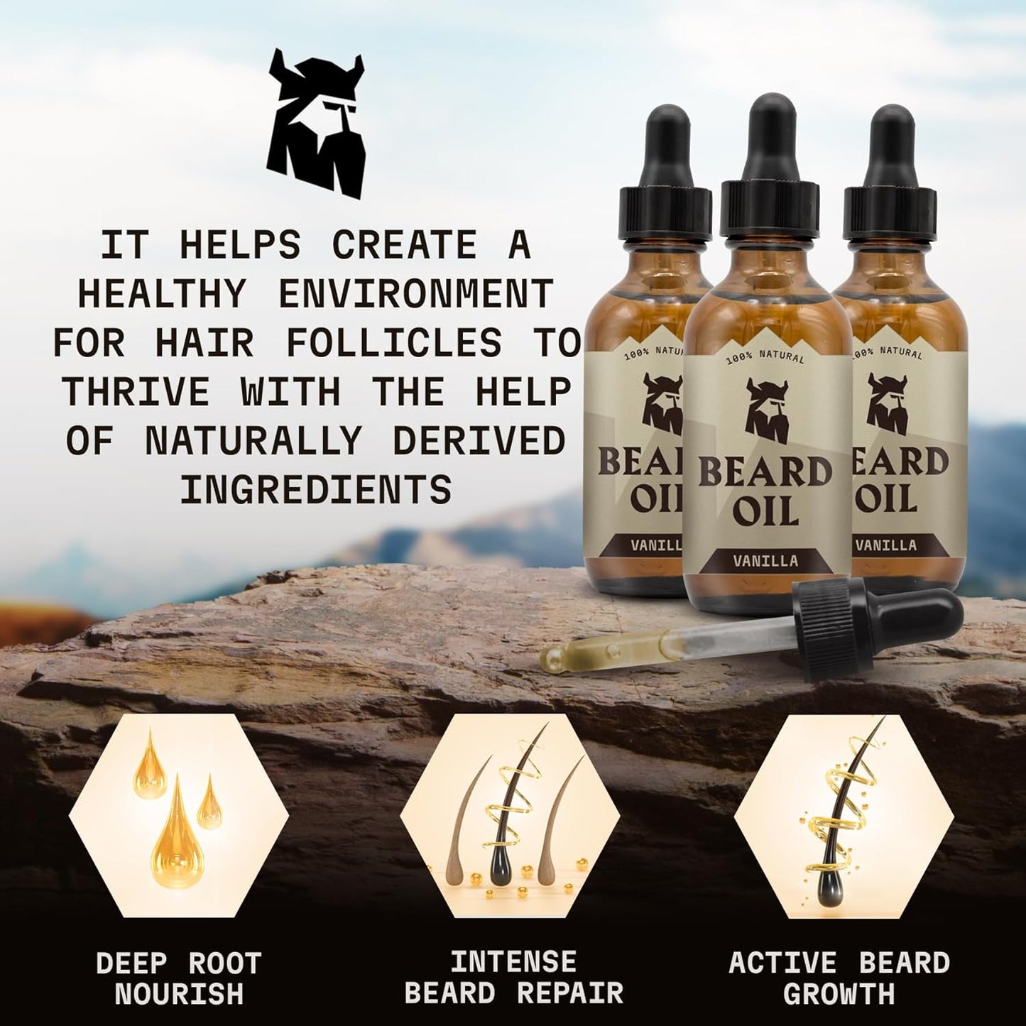 Striking Viking Beard Oil for Men - 2 Fl Oz, 3 Pack, Vanilla Scent - Naturally Derived Conditioner with Almond, Tea Tree, Argan & Jojoba Oil for Beard Growth, Softening & Moisturizing