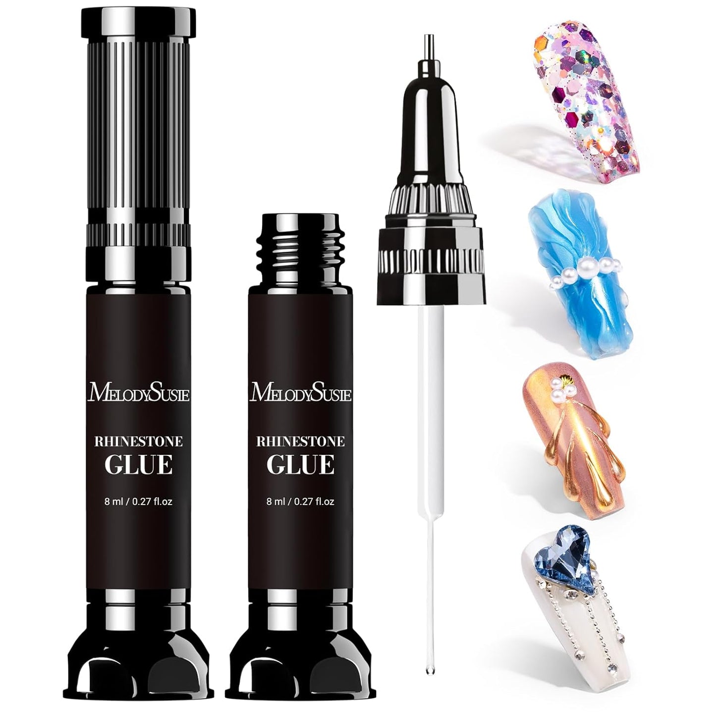 MelodySusie 2Pcs Nail Rhinestone Glue, 3D Gel Nail Art Design Strong Adhesive Nail Gem Glue with Brush Pinpoint Nail Charms Gems Jewelry Decoration DIY Manicured at Home Cured Need