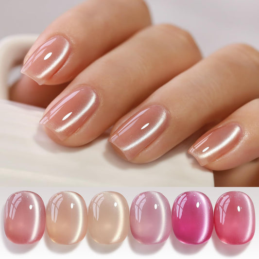 Double Rhythm 6 Colors Cat Eye Gel Polish Set Shimmer Glitter with Magnet Holographic Reflective Magnetic UV Nail Art Kit (6-Kit-49)
