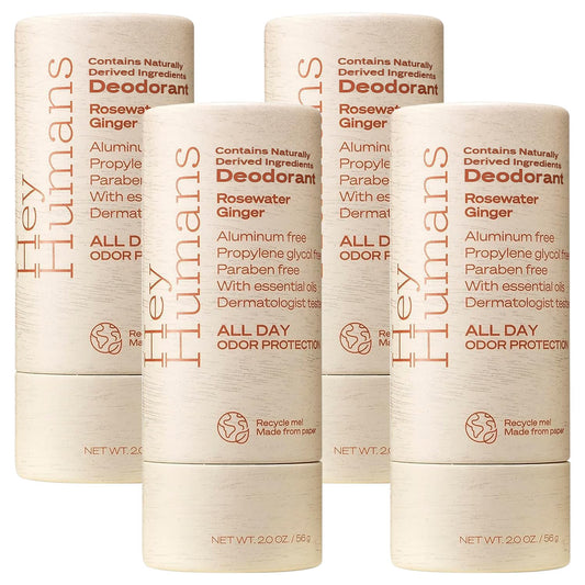 Hey Humans Deodorant, Aluminum Free Deodorant for Women and Men, Contains Naturally Derived Ingredients, All Day Odor Control, Refreshing Essential Oils, Earth Friendly Package, Rosewater Ginger
