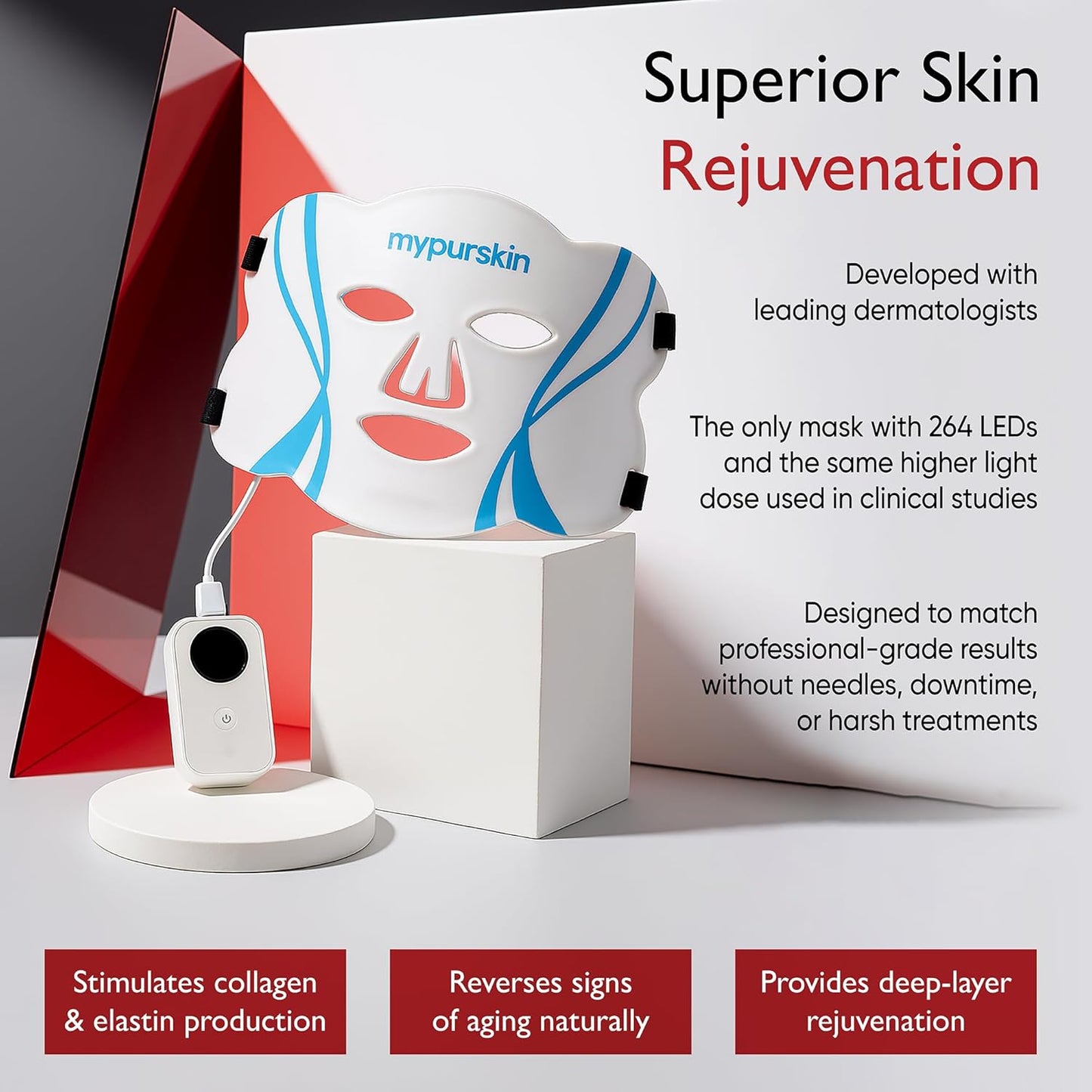 Professional Light Therapy Face Mask, FDA-Cleared, 264 LED, Clinically Proven 4-50x Higher Dose, 4 Red & Infrared Wavelengths for Facial Redness, Wrinkles, Acne for Women & Men