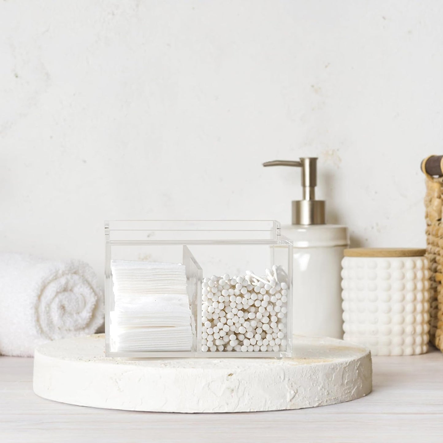 Clear Acrylic Cotton Swab Ball Holder Qtip Organizer with Lid 2-Grid Canister for Make Up Pads, Floss Picks, Vanity Storage,Bath Salts, Cosmetics, Home Bathroom Decor (DP004)