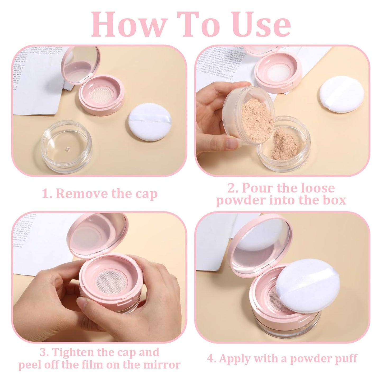 Loose Powder Cocntainers with Sponge Powder Puff and Mirror, No Leaks Empty Plastic Cushion Foundation Container Reusable Makeup Case with Lid