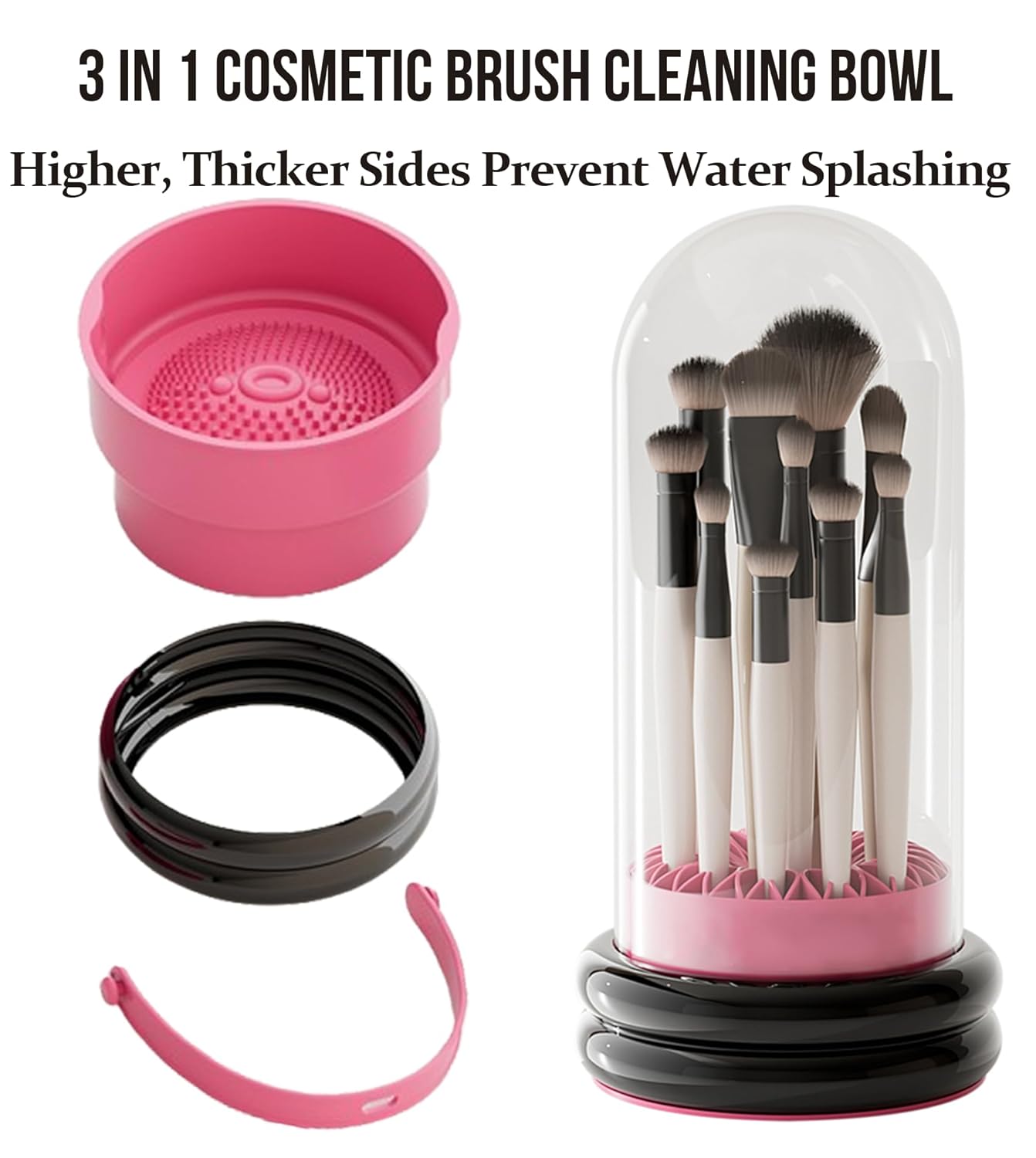 Makeup Brush Holder, 3 in 1 Silicone Makeup Brush Cleaner Mat Pink