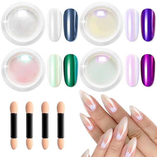 Pearl Chrome Nail Powder - 4pcs Iridescent Aurora Chrome Powder Pearl Mirror Effect Glitter Powder Pearlescent Ice Transparent Mermaid Pigment Dust for Nail Art Diy