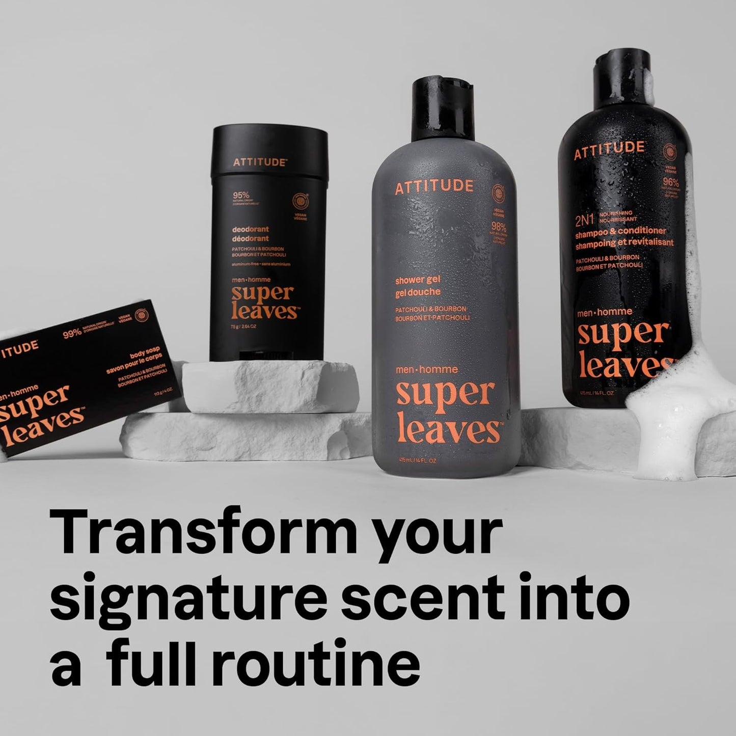 ATTITUDE Men's Shampoo and Conditioner 2-in-1, Nourishing For Dry Hair and Scalp, With Panthenol and Ginseng, 97% Natural Origin Ingredients, EWG Verified, Patchouli & Bourbon, 14 Fl Oz