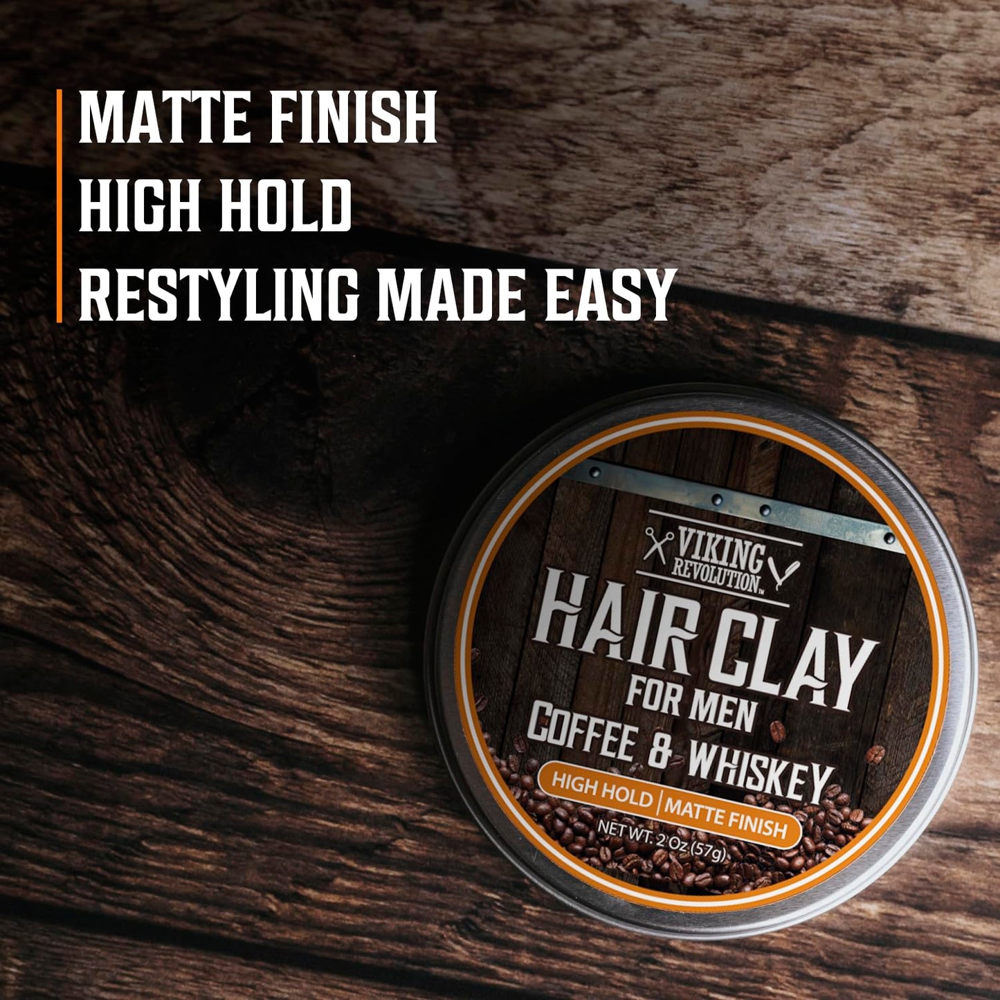 Viking Revolution Coffee & Whiskey Hair Clay for Men - Matte Finish, Texturizing Clay Pomade for Men with Jojoba Oil and Vitamin E - Effortless Hair Styling Cream - Strong Hold, Natural Finish (2 oz)