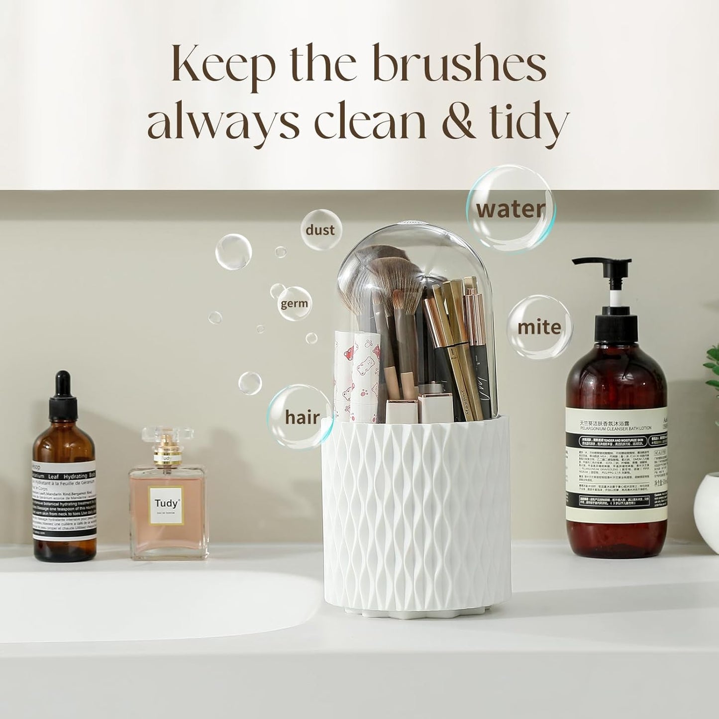 Makeup Brush Holder Organizer - 360° Rotating Makeup Brush Organizer 5 Slot Make up Brushes Cup for Cosmetics, Lipsticks, Art Supply, Bathroom Vanity Desktop Storage (White with Cover)