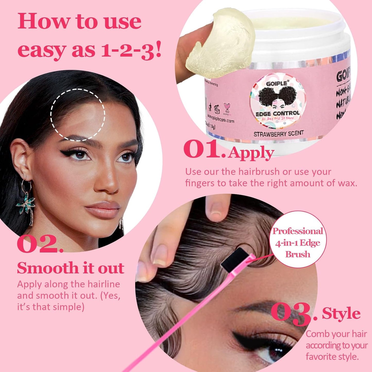 Goiple Edge Control Wax for Women Strong Hold Non-greasy Edge Smoother Strawberry Scent Edge Control Wax + Edge Scarf + Hair Bonnet, Pink