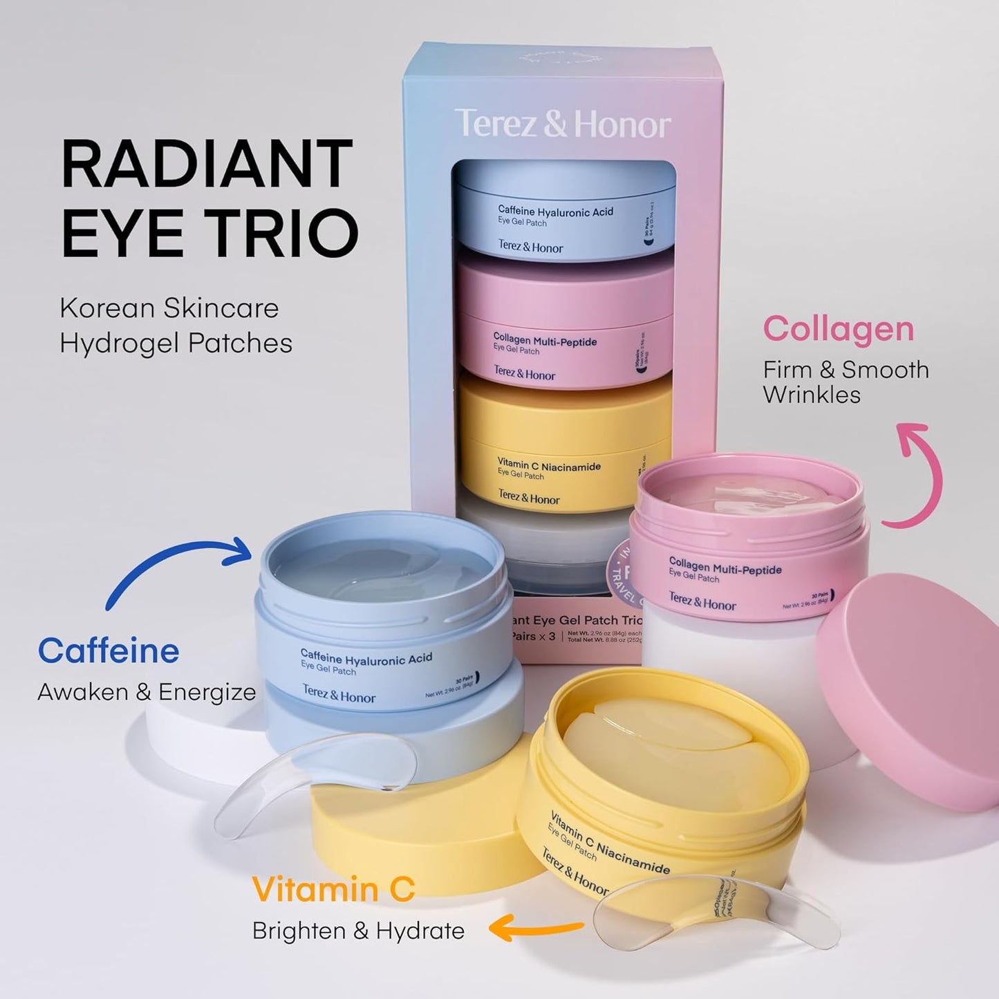 TEREZ & HONOR Eye Patches Set: Korean Hydrogel Eye Masks, 3 Pack (x 60 Pcs) with Caffeine, Collagen & Vitamin C - For Puffy Eyes, Dark Circles, Fine Lines, Wrinkles & Bags, Travel Case Included