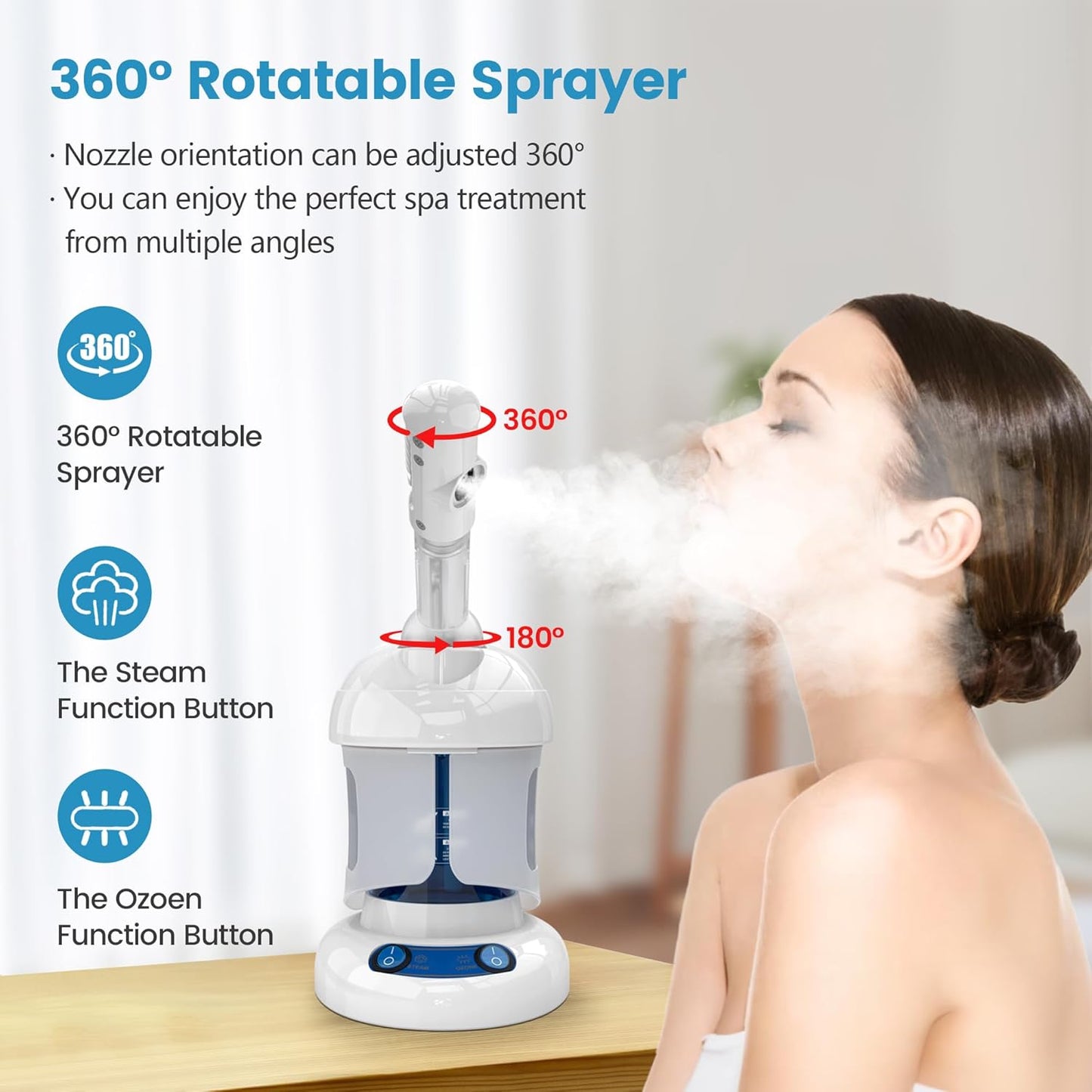 Nisperos Nano Ionic Facial Steamer - 360° Rotatable Sprayer - 40 Minutes Warm Mist - Humidifier - Professional Face Steamer for Facial Deep Cleaning (White)