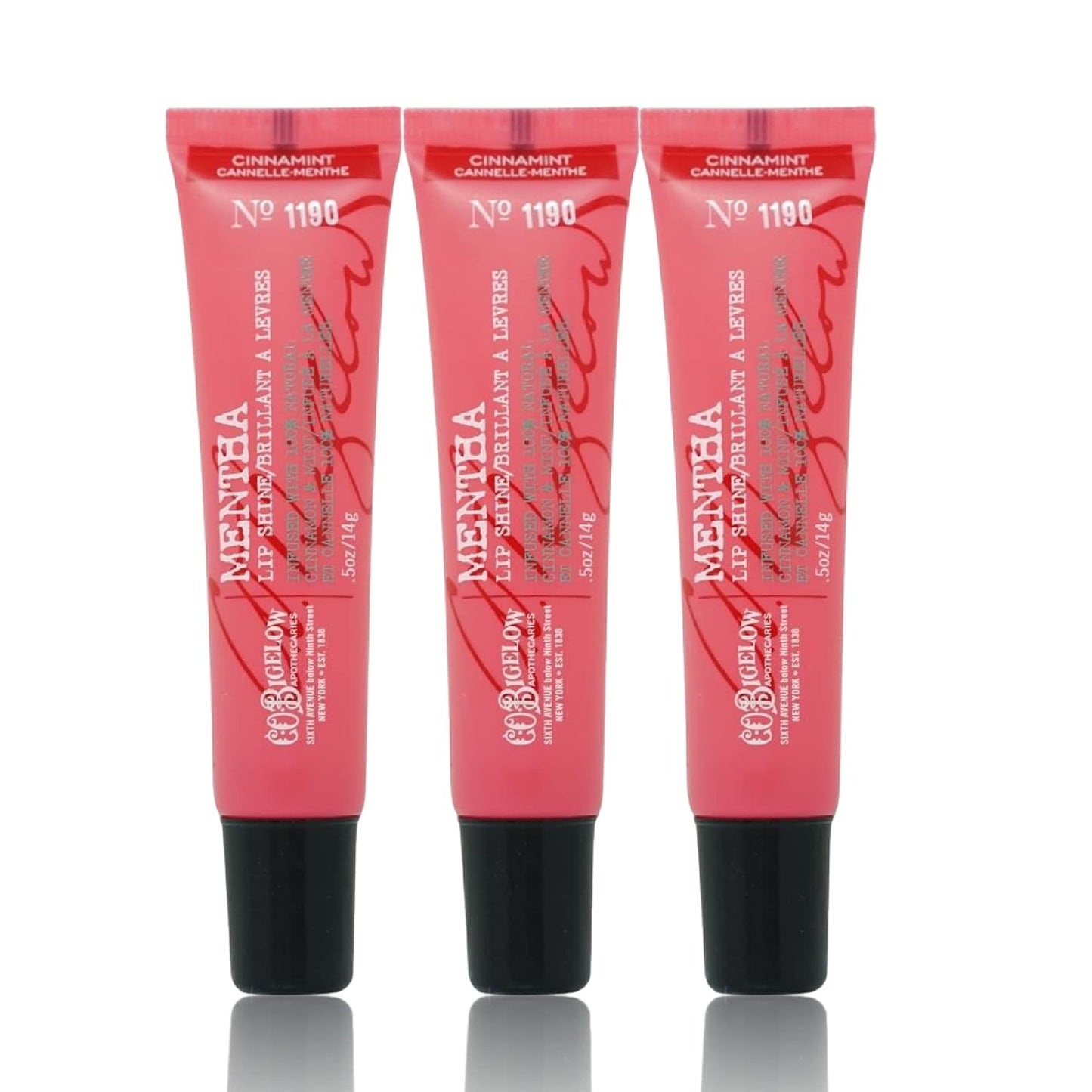 C.O. Bigelow Cinnamint Mentha Lip Shine Balm Tubes, Pack of 3 Bulk Lip Gloss with Cinnamon & Peppermint Oil, High Gloss Shine Finish, 0.5 oz
