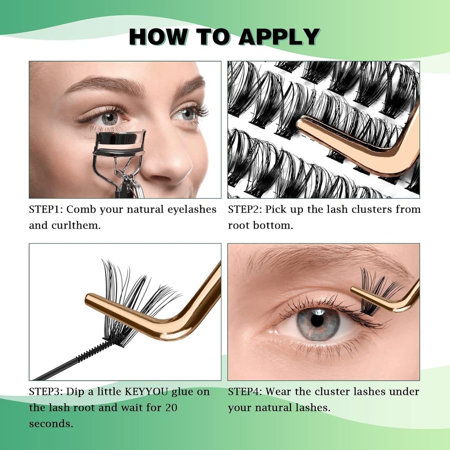 Lash Clusters 300pcs Individual Lashes 40D 0.07D Curl 17mm DIY Eyelash Extension KEYYOU Large Tray Volume Soft&Natural Cluster Lashes(40D-0.07D,17）