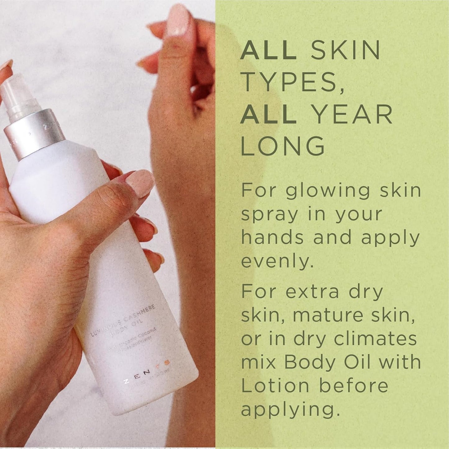 Zents Luminous Cashmere Body Oil (Oolong Fragrance) | Moisturizing Body Oil with Vitamin E & Organic Coconut Oil | Softens & Smooths Skin | 8 fl oz