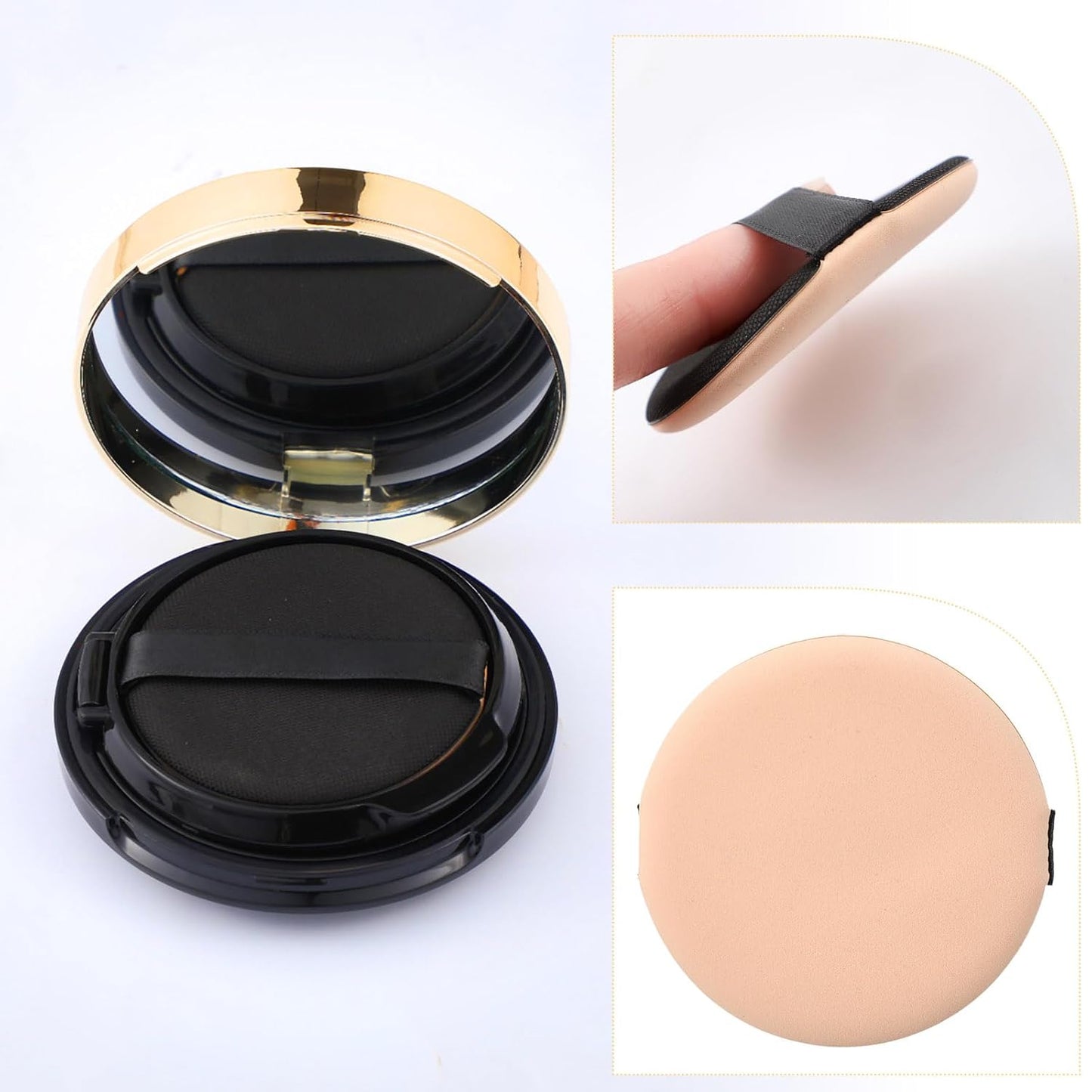 Patelai 7 Pcs 0.5oz Empty Luxurious Air Cushion Puff Box with Sponge Puff and Mirror, Portable Make-up Powder Container Case with Extra Sponges and Puffs, Refillable Foundation Bb Cream Box (Black)