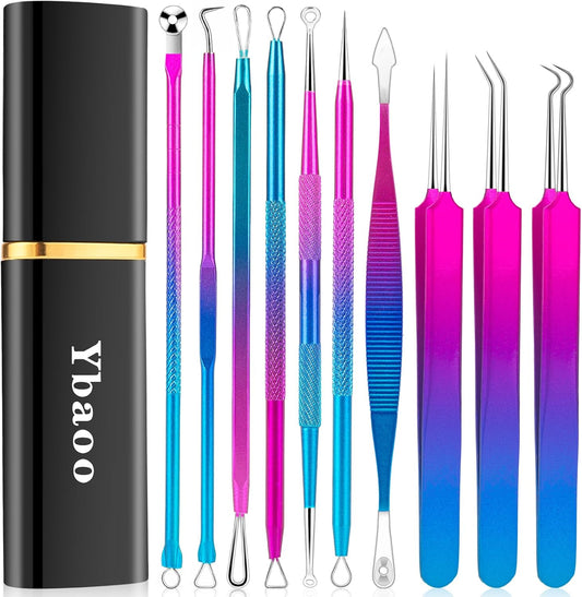 Pimple Popper Tool Kit - Ybaoo 10 Pcs Blackhead Remover Comedone Extractor Kit with Metal Case for Quick and Easy Removal of Blackheads, Zit Removing, Facial and Nose(Colorful)