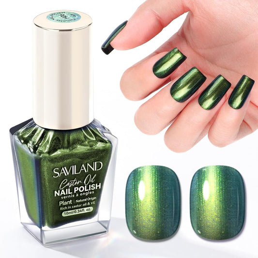 SAVILAND Color Artistry Green Chameleon Nail Polish - 7 Days Shimmer Holographic Glitter Fingernail Polish Air Fast Dry, Green to Gold Color Shift Multichrome Metallic Nail Lacquer Nail Art Salon Home