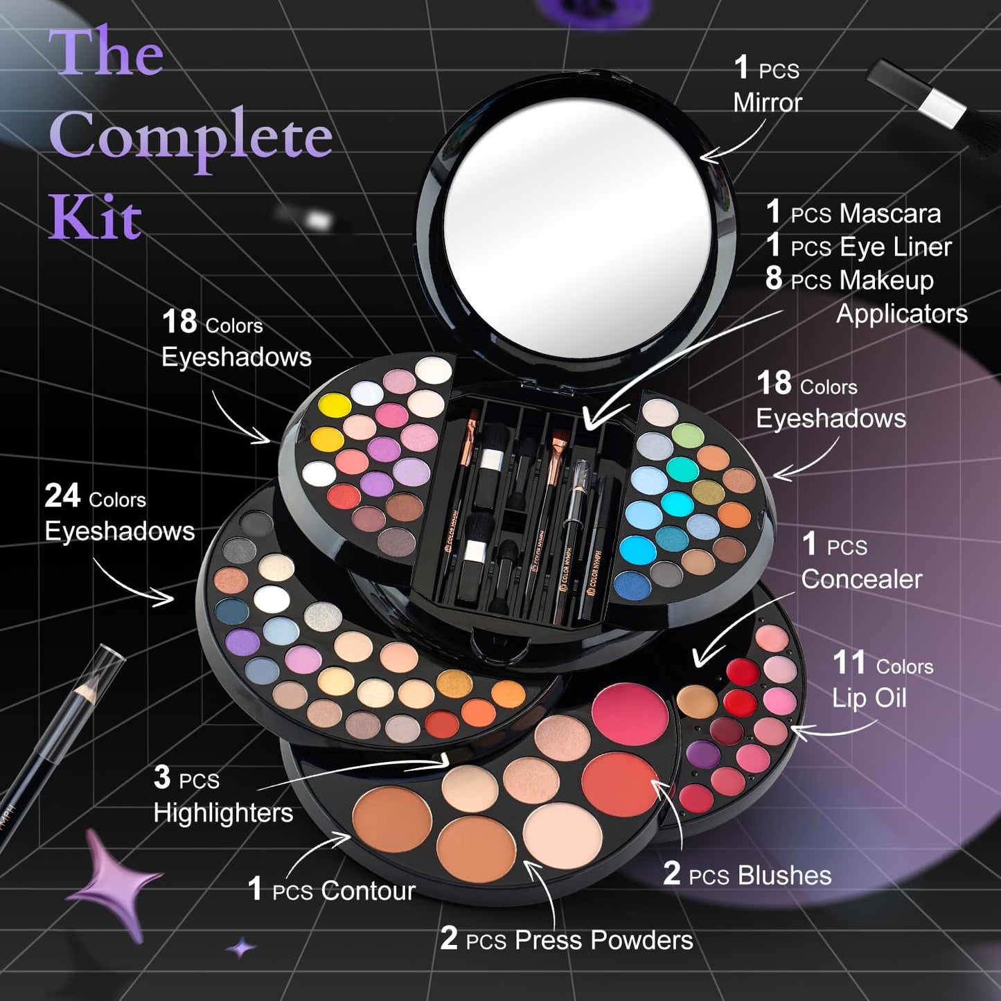 Color Nymph Makeup Kit For Teen Girls, Ball Case Full Kit Makeup Kit For Beginner Practice Professional Makeup Set with 60 colors eyeshadows, 11 colors lip glosses, Highlighter Bronzer Mascara etc