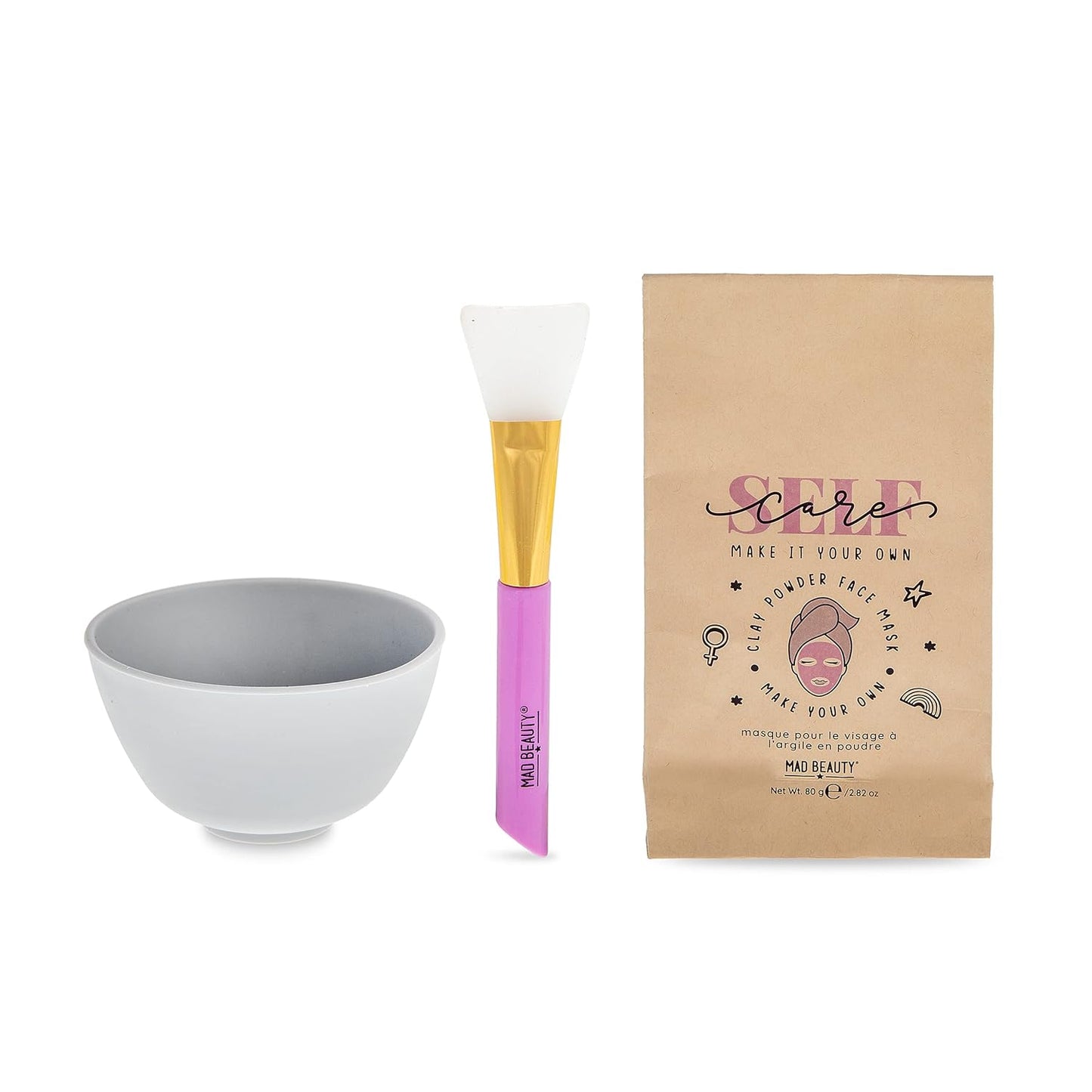 MAD Beauty Make It Your Own Face Mask Set, Self-Care DIY Kit, Lavender Clay Mask Powder Formula, Instructions, Reusable Mixing Bowl, & Silicone Brush
