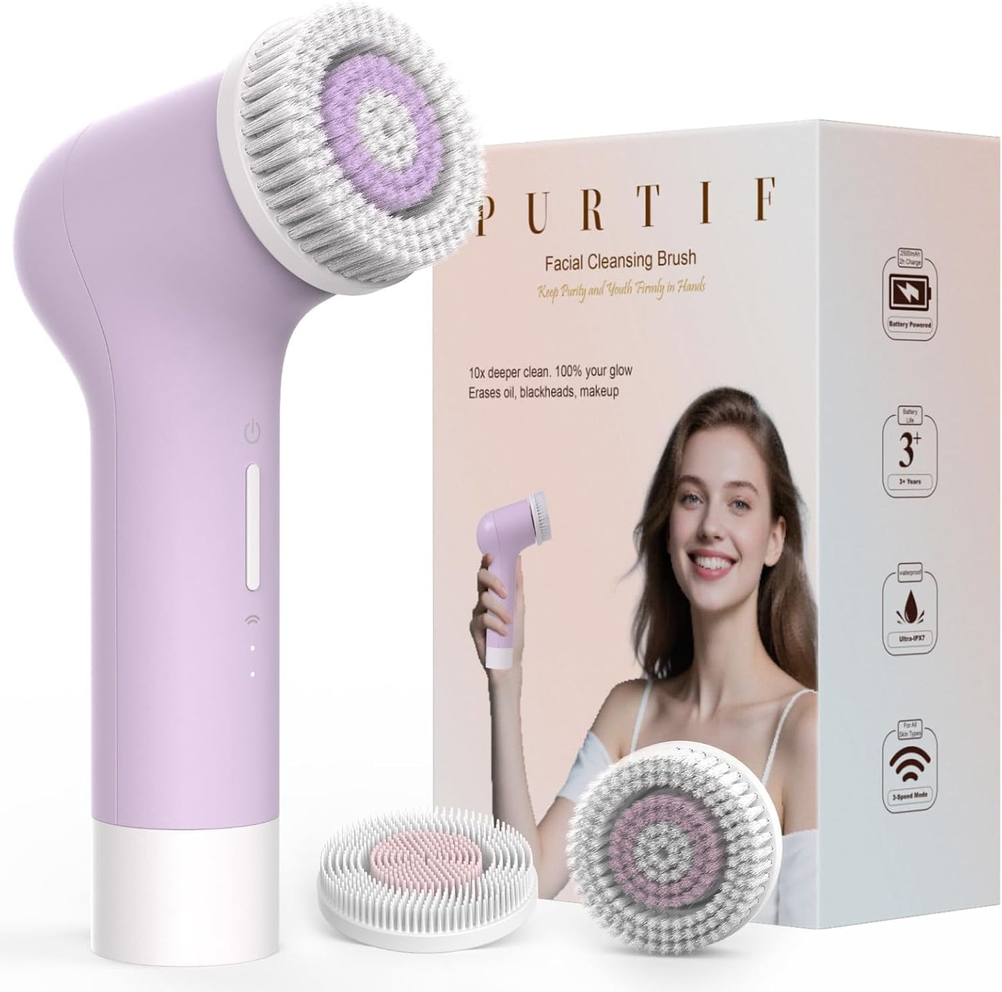 Electric Facial Cleansing Brush - Rechargeable Silicone Face Scrubber exfoliator,Face Pore Cleansing Brush,3 Speeds,Waterproof, Exfoliating & Massage,for Women & Men.for Face Skin Issues,Purple