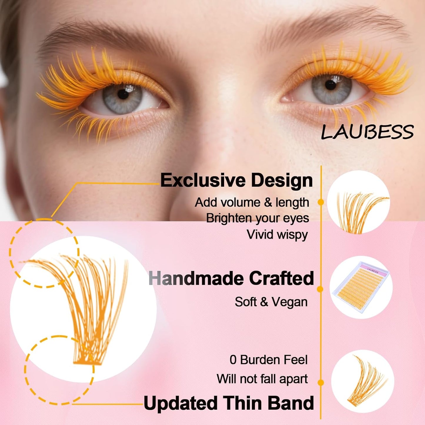 Colored Lash Clusters LAUBESS Orange Colored Eyelash Clusters Wispy Colored Lash Extensions Colorful Lash Clusters Individual Lashes (Orange 40D-0.07D-Mix8-16)