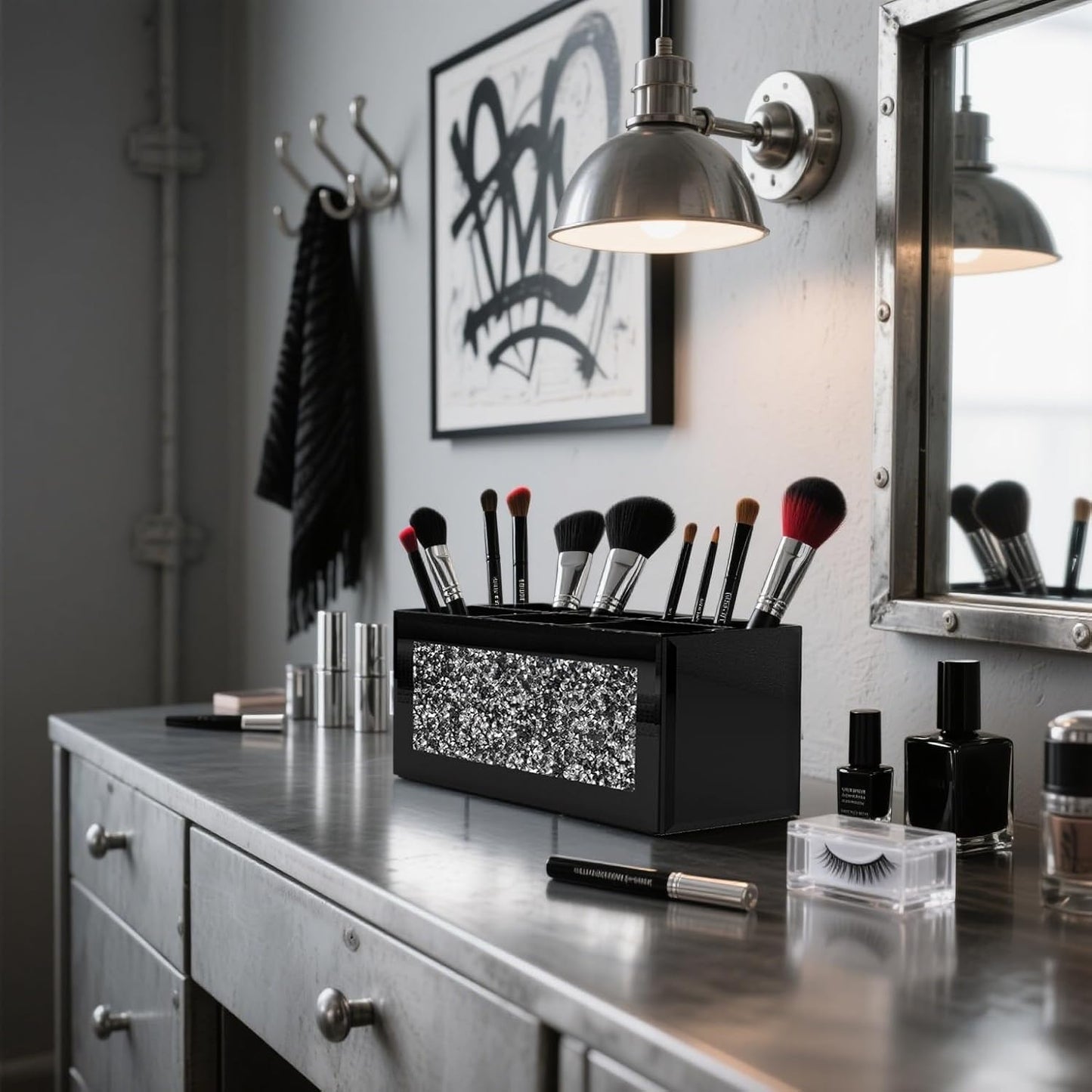 SHYFOY Black Makeup Brush Holder Organizer, 6 Slots Glass Makeup Cosmetics Organizers and Storage for Vanity Countertop