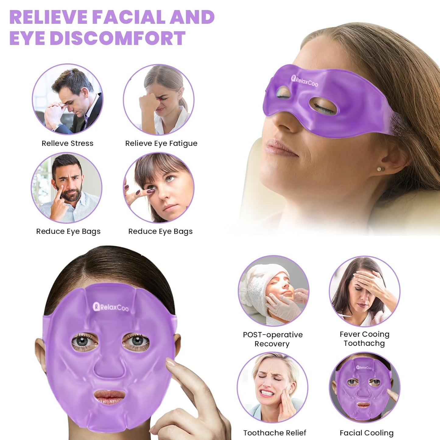 Ice Face Eye Mask for Dark Circles and Puffiness Cold Warm Compress, Gel Cold Cooling Face Mask Package for Women and Men, Migraines, Headache, Stress and Relaxation Purple