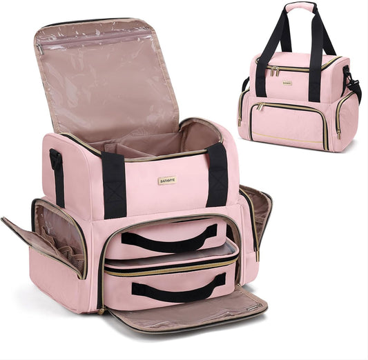 Large Makeup Cosmetic Bag with 2 Removable Case, Double Layer Travel Makeup Organizer Case, travel Toiletry Bag For Women, Pink