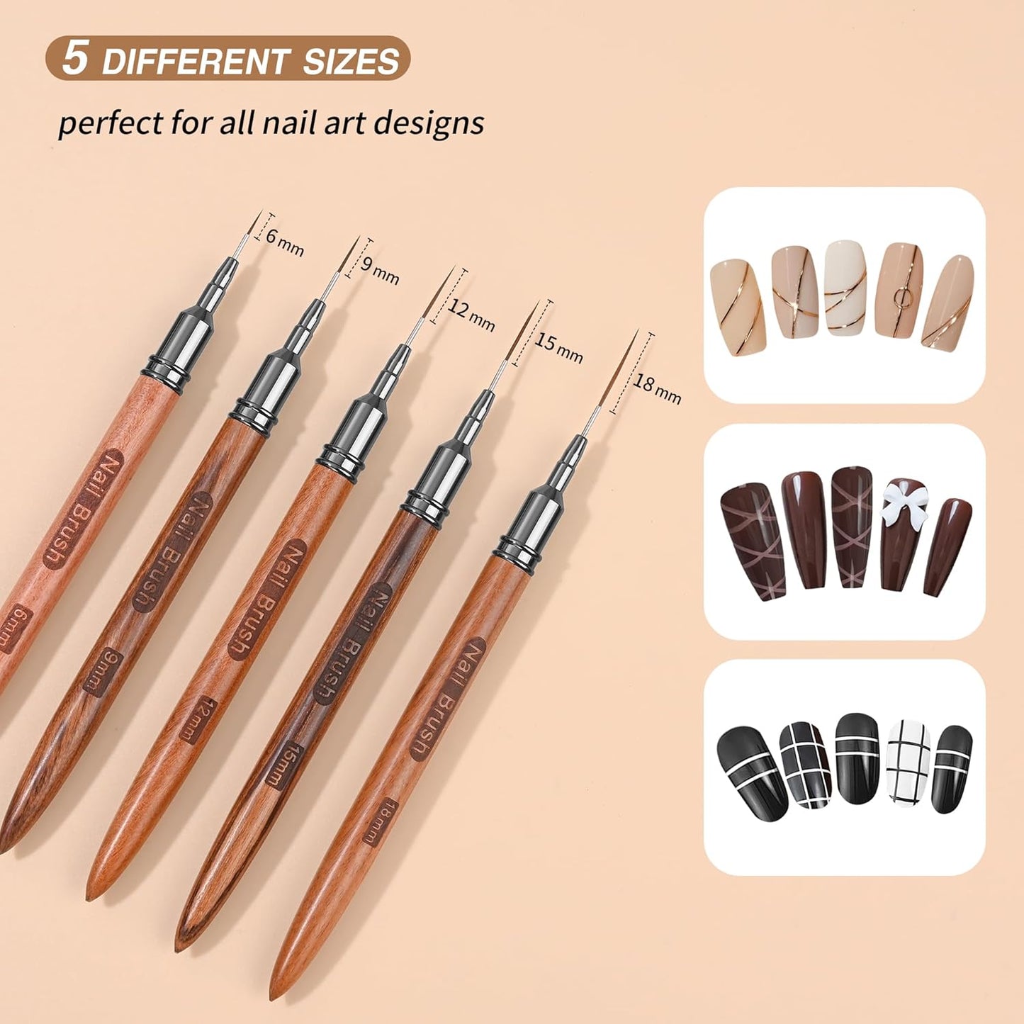 Wooden Nail Art Brushes, 5Pcs Nail Art Liner Brushes, Painting Art Design Brush Set Nail Dotting Drawing Tool for Long Lines, Thin Details, Fine Drawing Sizes 6/9/12/15/18mm, Natural
