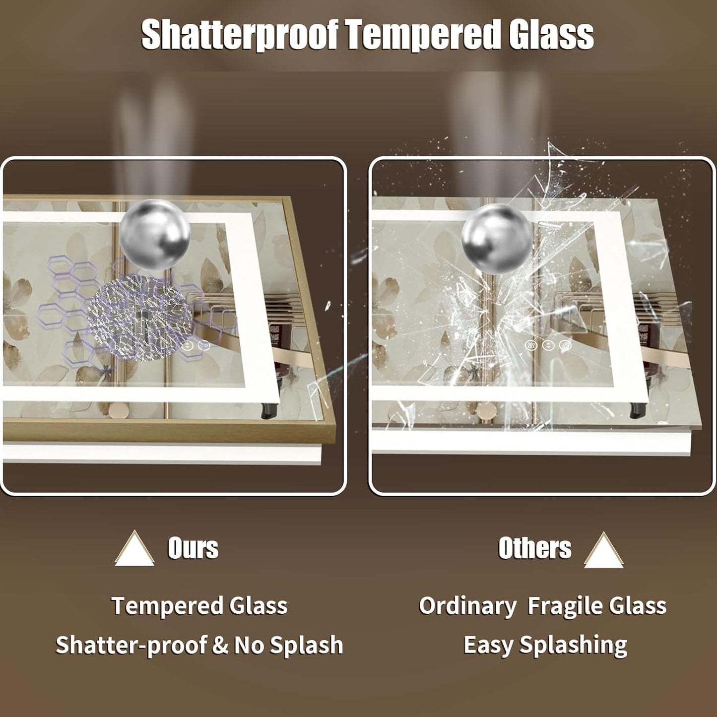 OKPAL 44x32 Gold Lighted Bathroom Mirror with Lights, Frontlit & Backlit LED Bathroom Mirror, Lighted Vanity Mirror, Anti-Fog, Dimmable 3 Colors, Shatterproof, Horizontal/Vertical