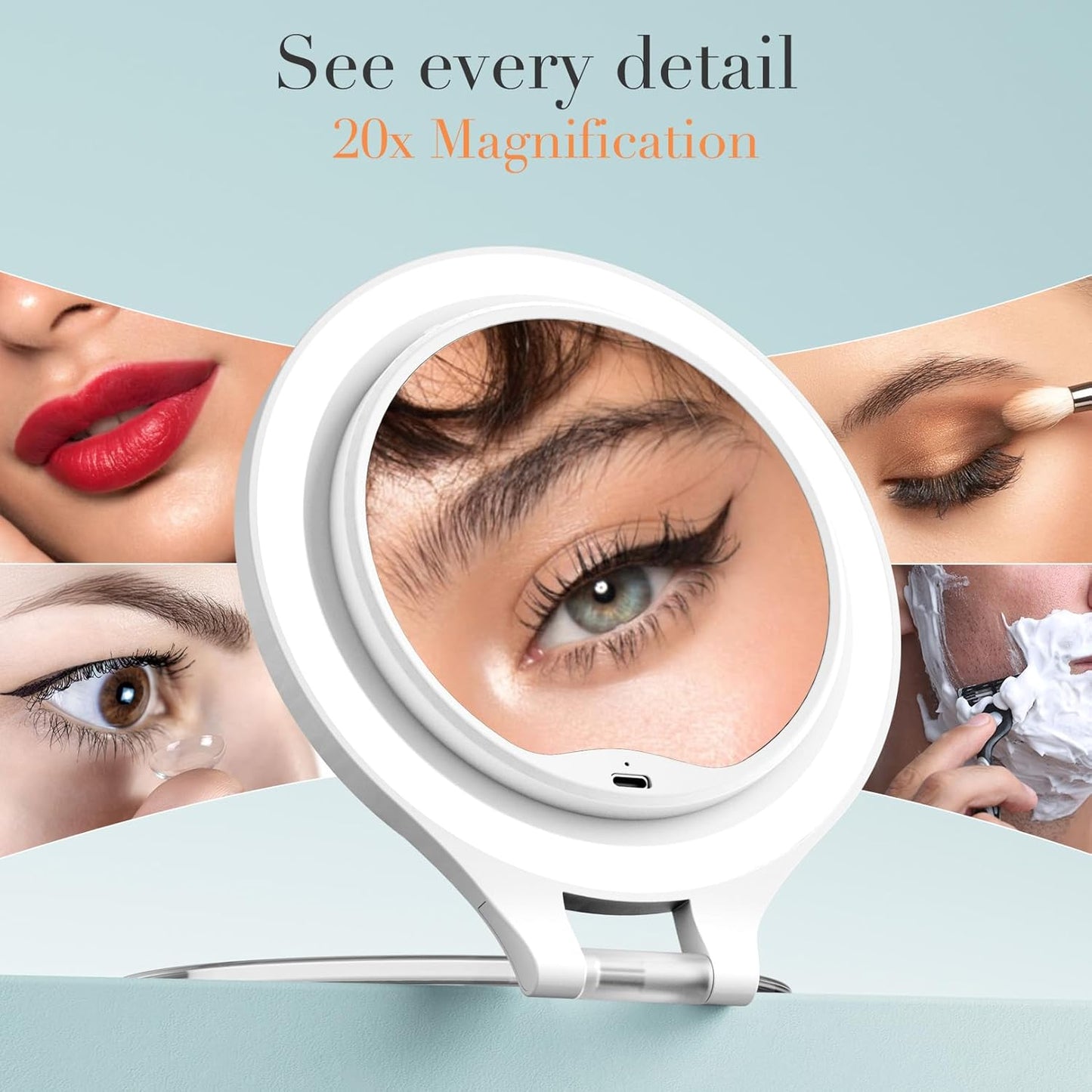 Magnifying Mirror with Light 20X/1X, Double Sided Travel Mirror with Light, Rechargeable Makeup Mirror with 3 Color Setting Adjustable Stand Lighted Vanity Portable Desk Cosmetic