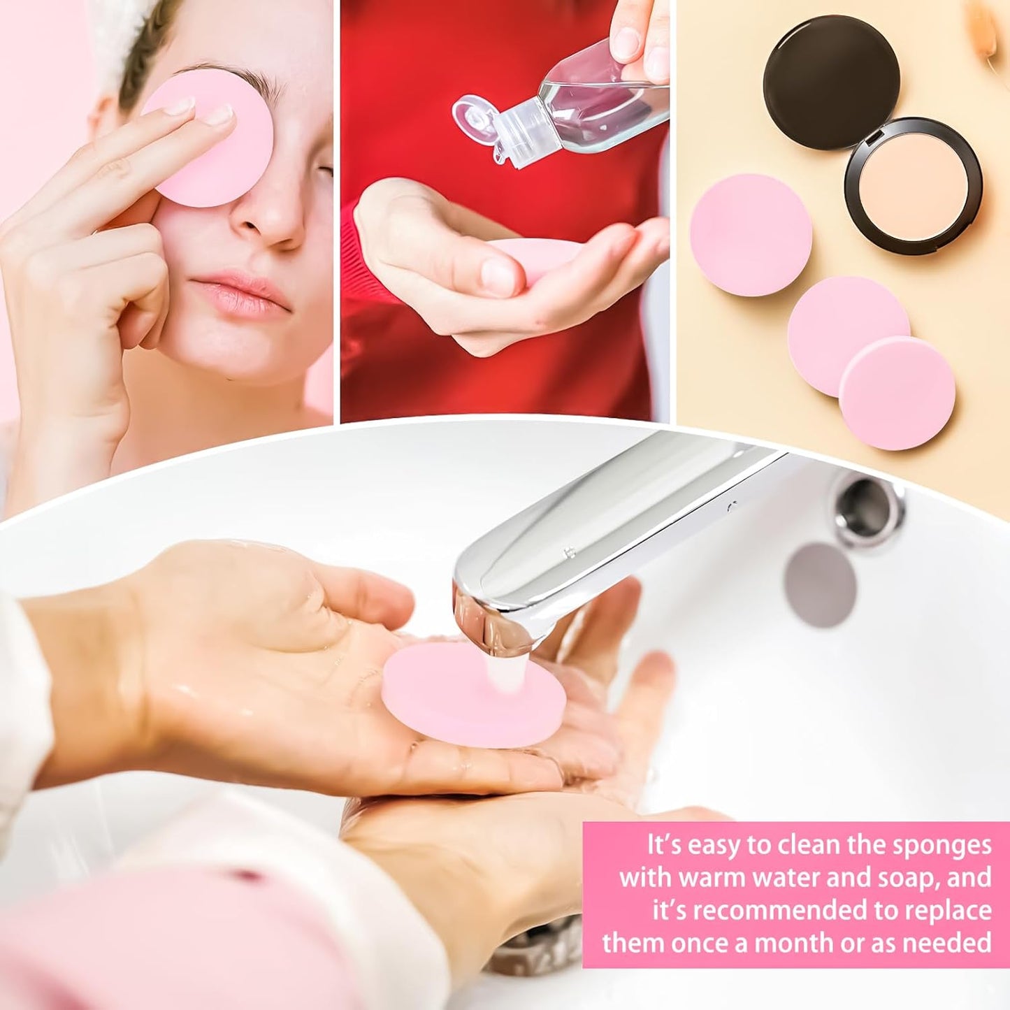 MotBach 100 PCS Pink Round Makeup Sponge, Cosmetic Sponge Round Foam Pad Eye Facial Powder Puff, Beauty Makeup Foundation Powder Blender for Women Lady All Skin Types Wet and Dry Dual Use