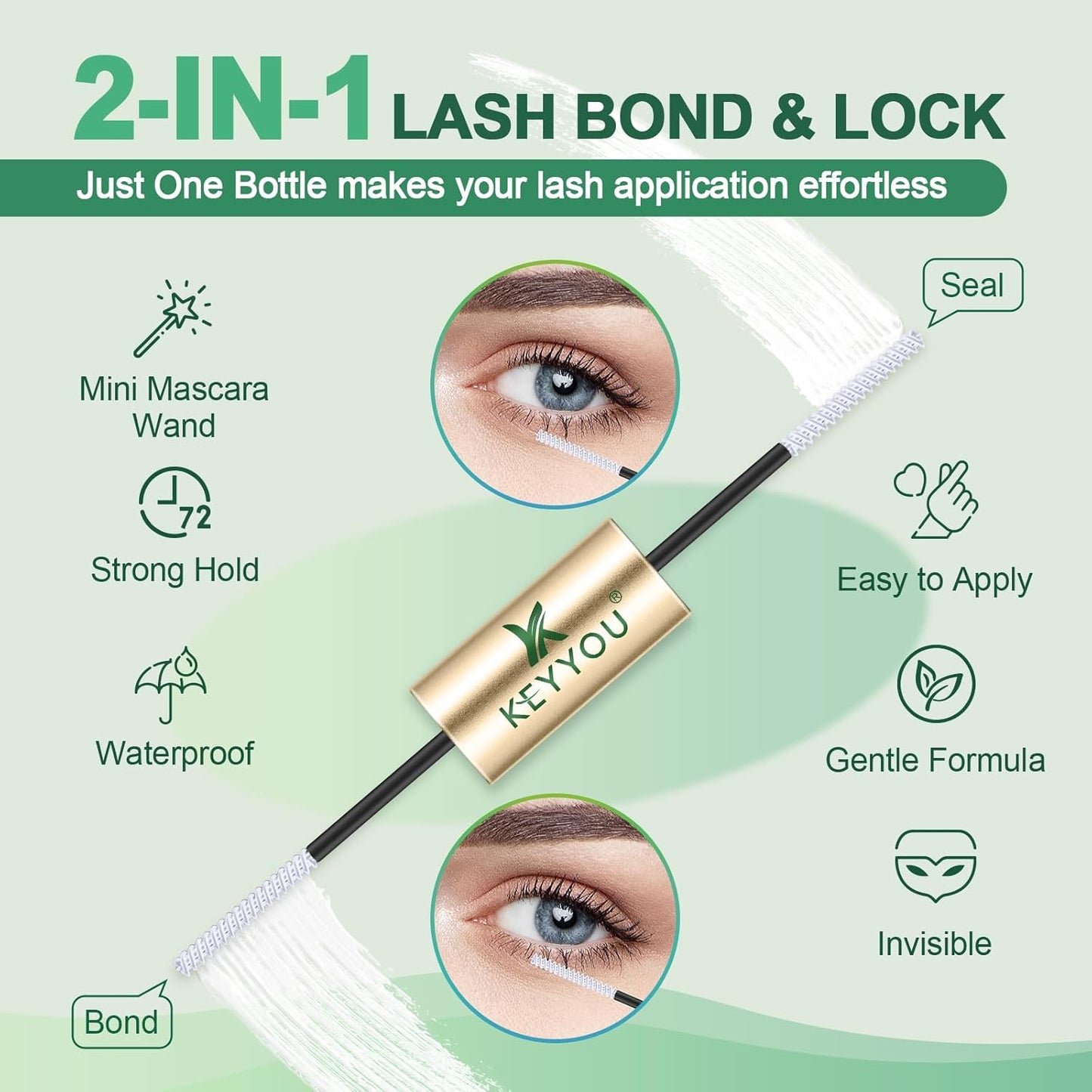 KEYYOU Lash Bond and Seal Cluster Lash Glue For Lash Clusters Strong Gentle Comfortable Bond and Seal WaterProof Mascara Wand Individual Lash Glue 5ml+5ml（CLEAR)