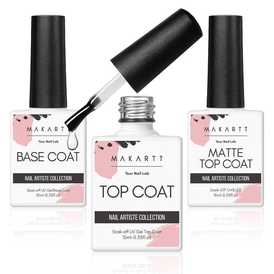 Makartt No Wipe Gel Top and Base Coat Set – Matte & Glossy Finish, 3pcs Soak-Off Long Lasting Gel Nail Polish Essentials, No Yellowing, UV/LED Lamp Required, DIY Nail Art Gift for Women, 10ml