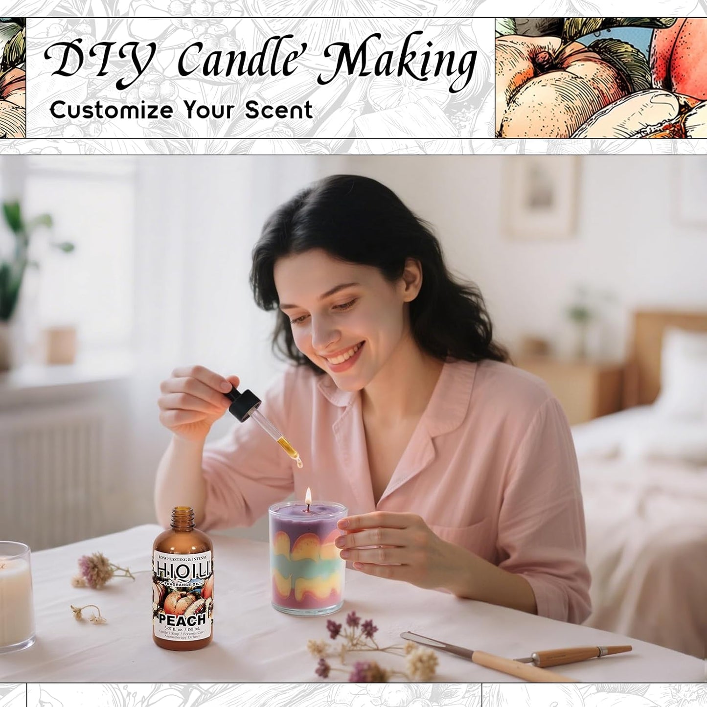 HIQILI Peach Fragrance Oil for Home Diffuser, DIY Candle, Linen & Room Freshener Spray Making, Juicy Fruit Scents - 5.07 Fl Oz