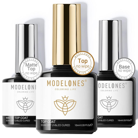 modelones Gel Top Coat Base Coat for Gel Nail Polish, 3 Pcs 10 ml No Wipe Matte & Shiny Top Coat, Long Lasting High Gloss and Matte Effects DIY at Home