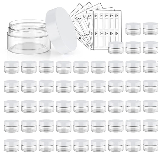 50 Pack 1 OZ Plastic Jars Round Clear Cosmetic Container Jar with White Lids, Eternal Moment Plastic Slime Jars for Lotion, Cream, Ointments, Makeup, Eye shadow, Rhinestone, Samples, Travel Storage