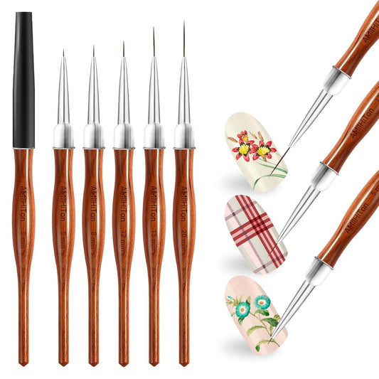 Nail Art Liner Brushes, 5Pcs Wooden Nail Brushes for Fine Drawing & Detailed Nail Art, Gel Polish Painting Tools for Long Lines & Nail Design Sizes 5/8/12/15/20mm（Wood color）