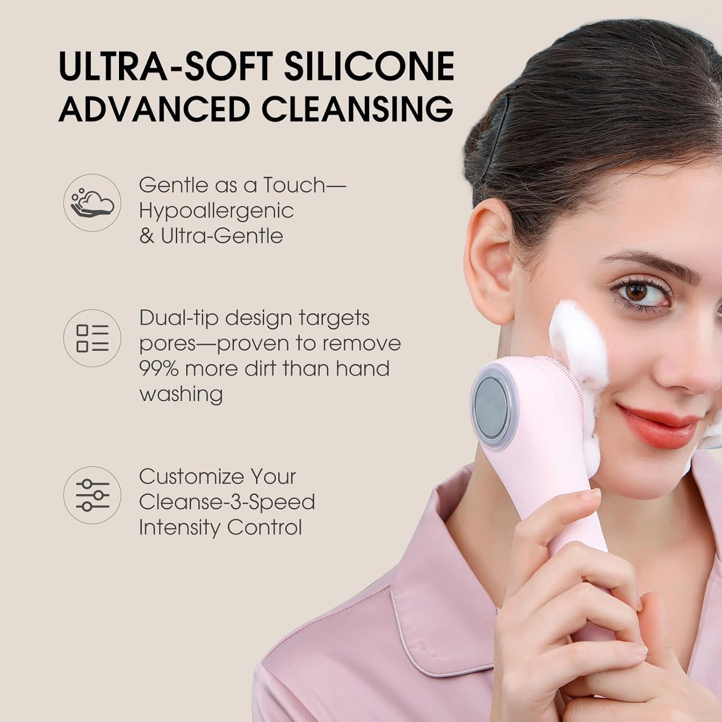 Facial Cleansing Brush,Silicone Face Scrubber,Pore Scrubber for Women Men,IPX7 Waterproof Exfoliating Face Brush,Rechargeable Electric Face Scrub,Pink