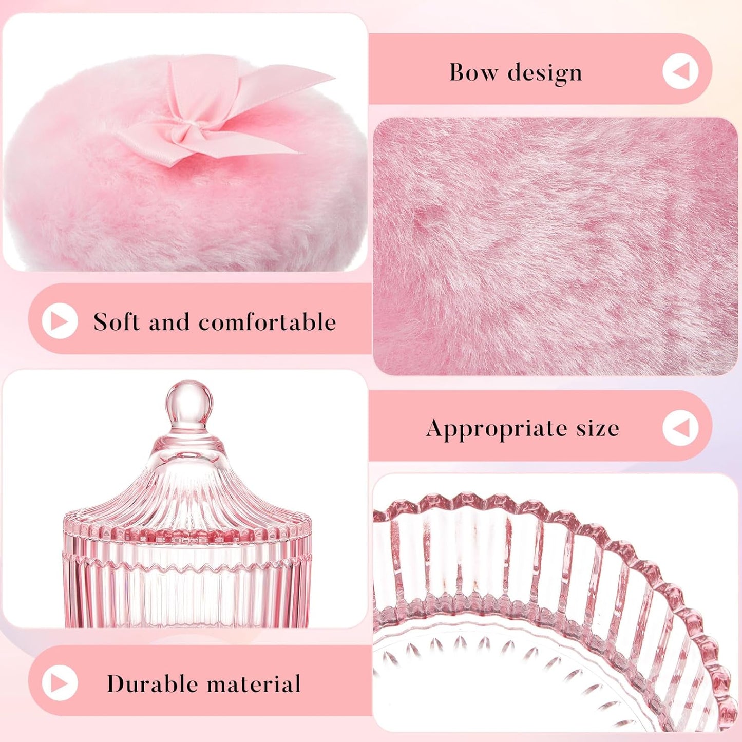 Tioncy 3 Pcs Large Body Powder Puff and Container Crystal Container Soft Washable Reusable Velour Face Body Glitter Powder Puff Wet Dry Makeup Simple Style (Pink)