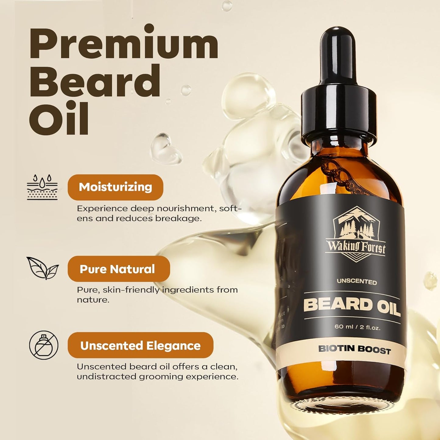 Waking Forest Beard Oil - 60ml Unscented Biotin Beard Oil for Men Thicker Beard with Vitamin E, Rosemary, Castor Mustache Oil for Black Men, Softens & Strengthens Beard Care Oil