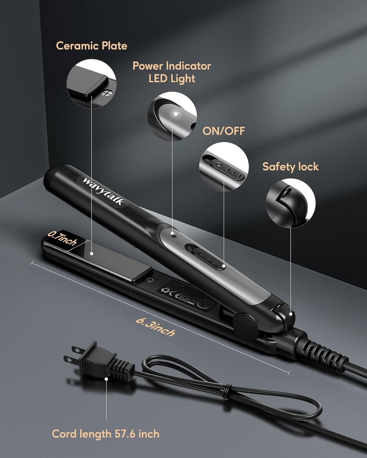 Wavytalk Mini Flat Iron 0.7 Inch Ceramic Mini Hair Straightener, Small Flat Irons for Short Hair, Curls Bangs, Dual Voltage for Travel