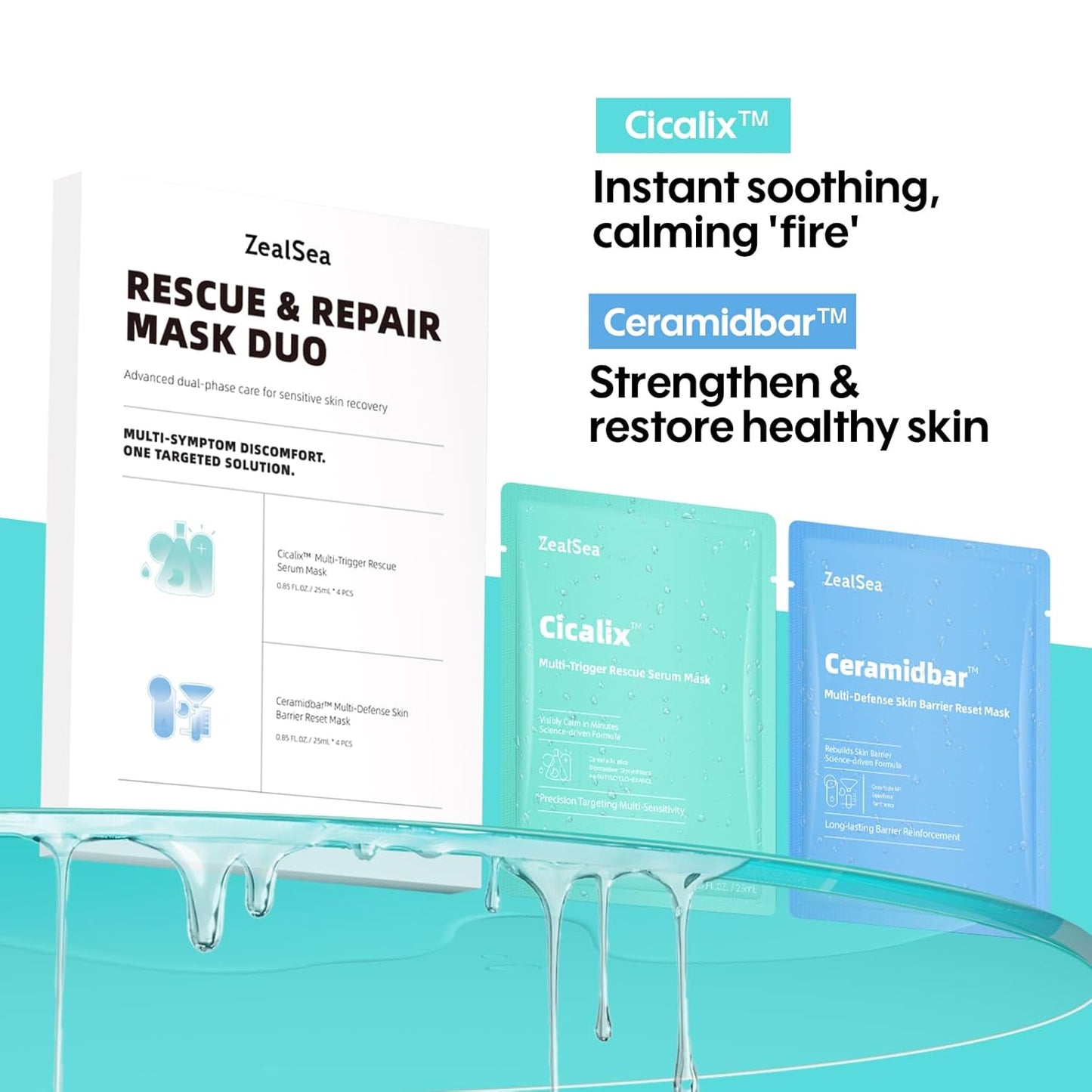 ZealSea Cicalix & Ceramidbar Face Masks Skincare Set, Derm Solution Sheet Mask for Multi-Trigger Sensitivity, Soothing & Calming, Strengthen & Restore Skin, Facial Mask with Cica & Ceramide, 8 Pack