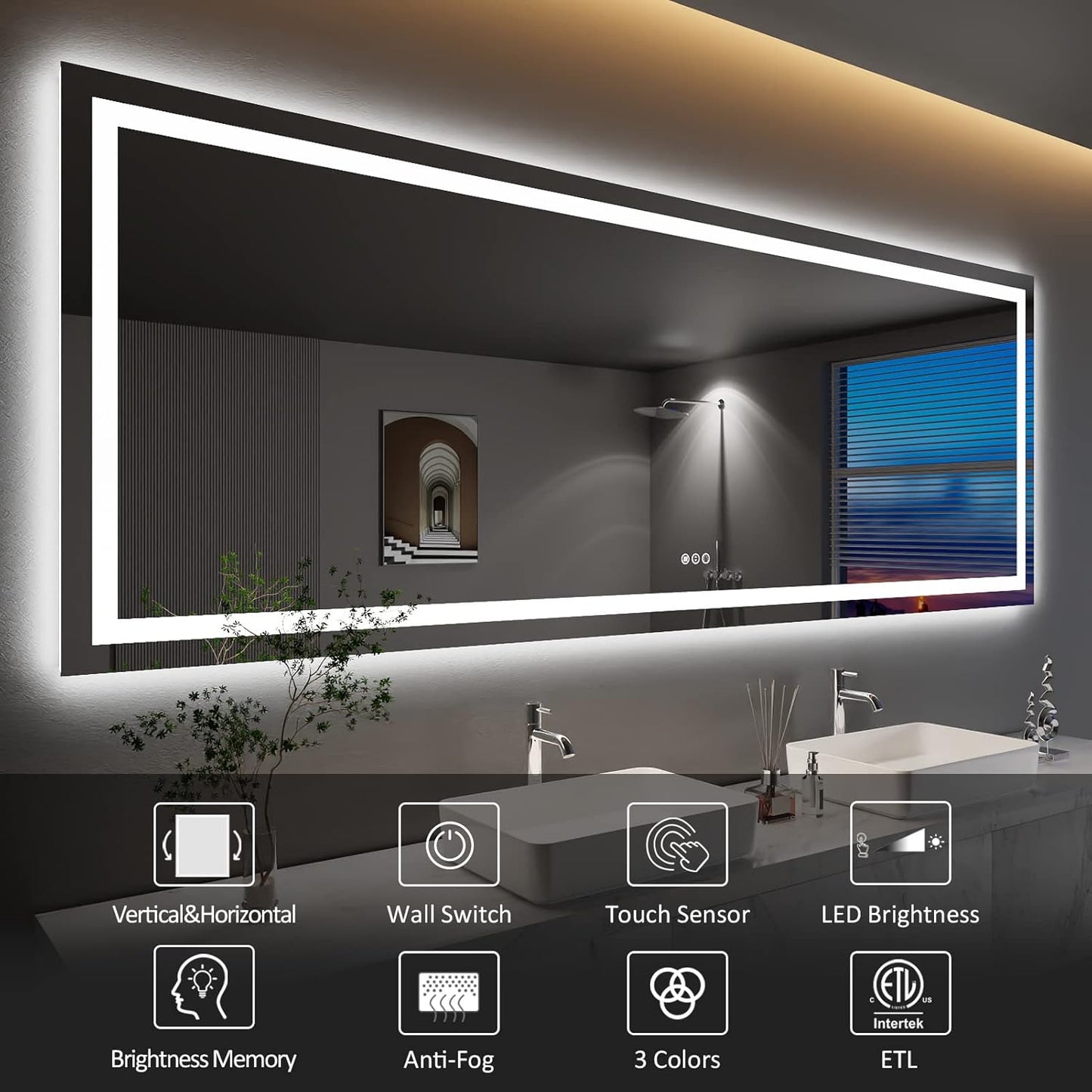 Amorho LED Bathroom Mirror 96" X36" with Front and Backlight, Large Dimmable Wall Mirrors with Anti-Fog, Shatter-Proof, Memory, 3 Colors, Double LED Vanity Mirror, ETL Listed