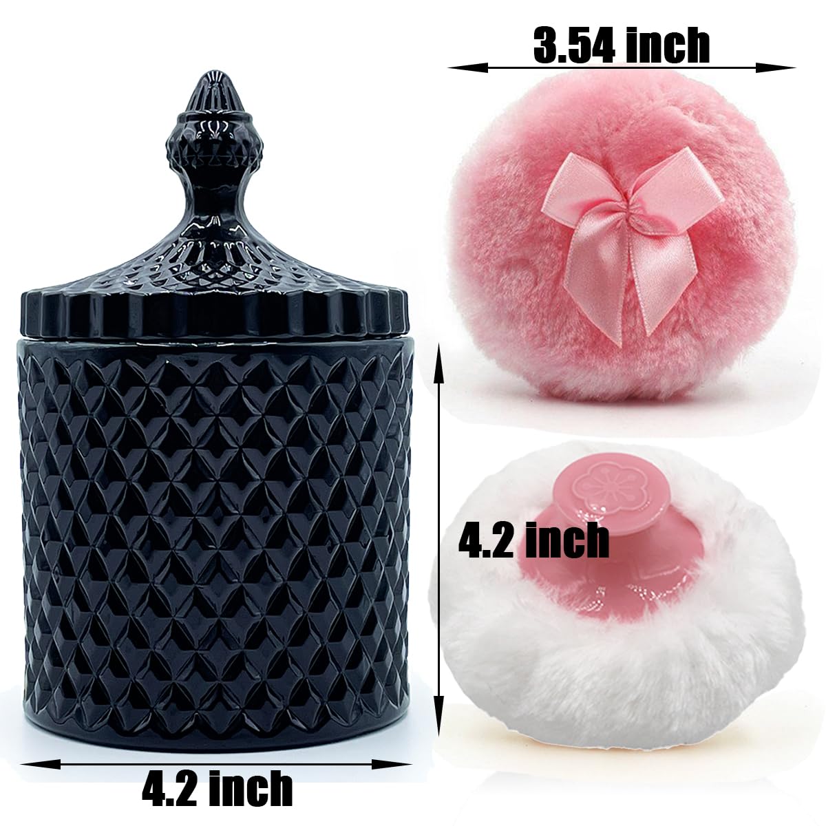 Luxury 4.2 Inch Glass Powder Container with 2 Plush Puffs｜Gothic Vanity Decor Non-Sealed Refillable Organizer for Body Powder&Makeup｜Setting Powder Applicator(Pointed Cylinder-Black-Large)
