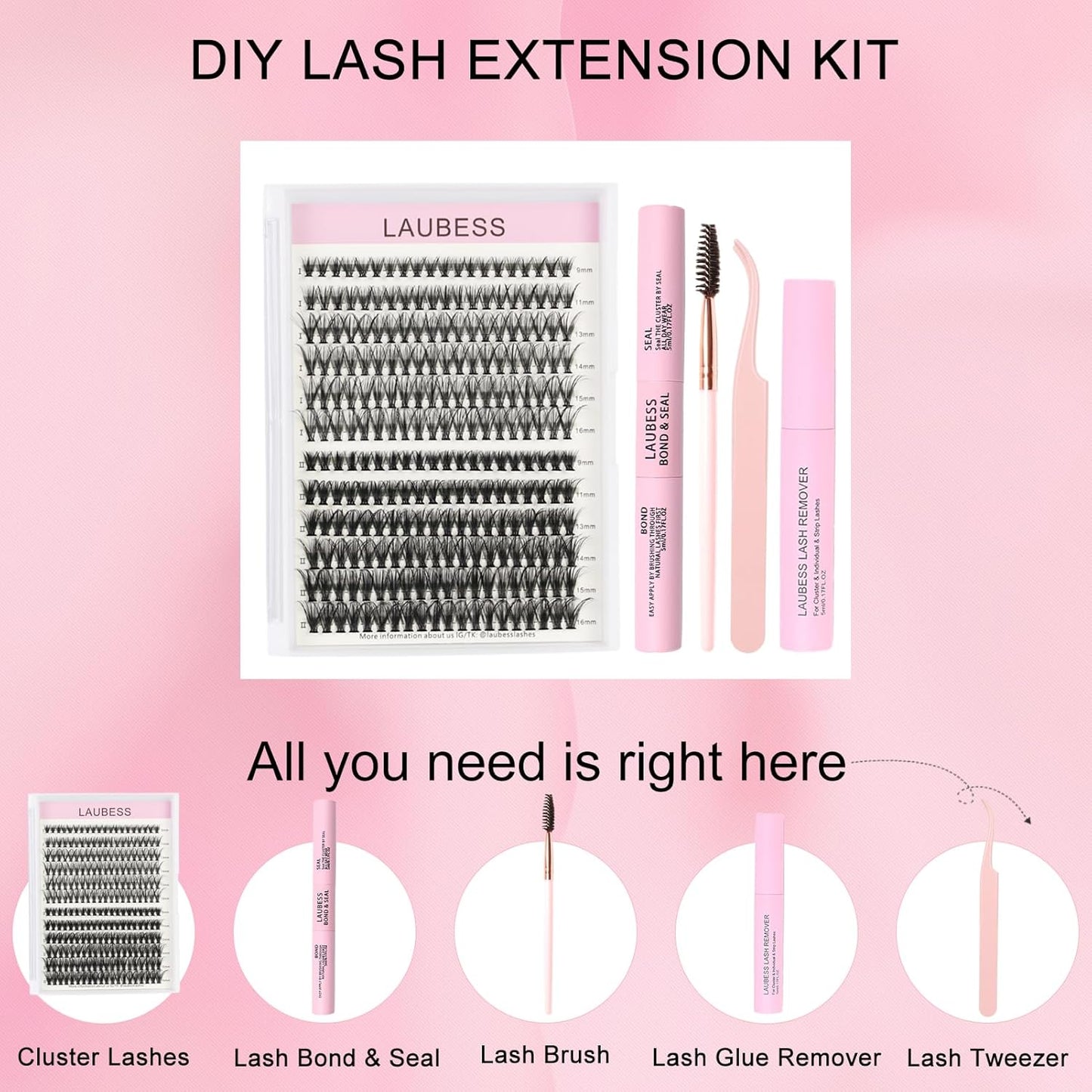 Lash Extension Kit LAUBESS Lash Clusters Kit Cluster Eyelash Extensions Kit Eyelash Clusters Lash Bond and Seal Waterproof Tweezers Brush Lash Glue Remover (Kit 30D-D-Mix9-16)