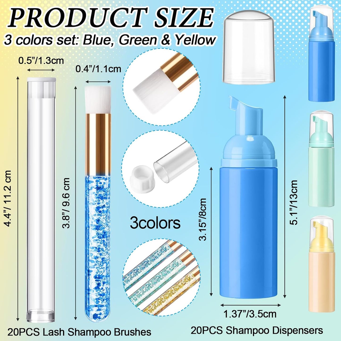 Zhehao 80 Pcs Lash Shampoo Bottle Brushes Kit 20 Foam Pump Dispensers 20 Lash Shampoo Brushes 20 Eyelash Aftercare Bag 20 Cleaning Pipes, Eyelash Extension Supplies (Multicolor)