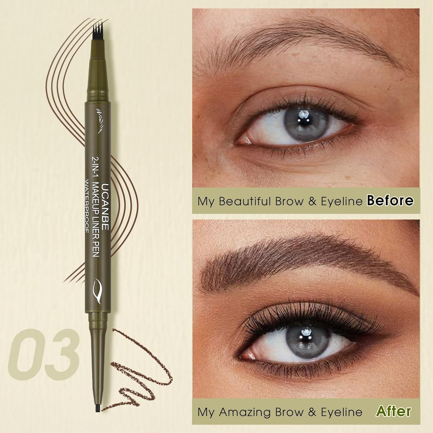 UCANBE Eyebrow Pen, Dual-Ended Eyebrow Pencil with 4-Fork-Tip & Gel Eyeliner for Women, Eye Brow Pen with Gel Eyeliner Pencil, Microblading Eyebrow Pencils with Hair Like Strokes, Dark Brown