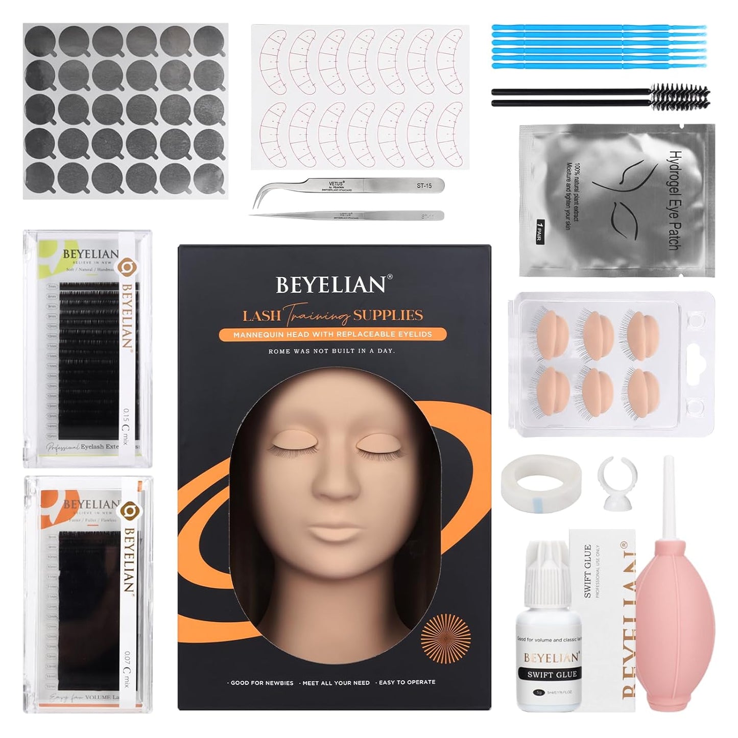 BEYELIAN Eyelash Extension Kit, Lash Extension Kit, Professional Lash Mannequin Head Kit with Removable Eyelids, Lash Kit for Eyelash Extensions Beginners 353 Piece Set